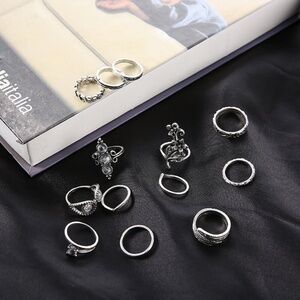**JETTE* 13-Pc Silver x Retro Floral Fashion Ring Set